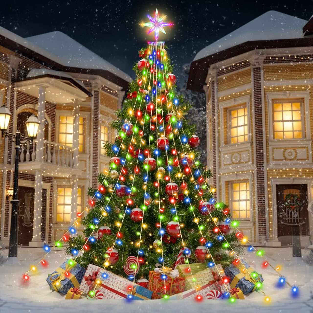 ZhenQiu Outdoor Christmas Decorations Lights, 320 LEDs Dipper Star String Lights with 13" Topper Star, Plug in Waterproof Hanging Fairy Lights for Xmas New Year Holiday Party Yard Patio Decor